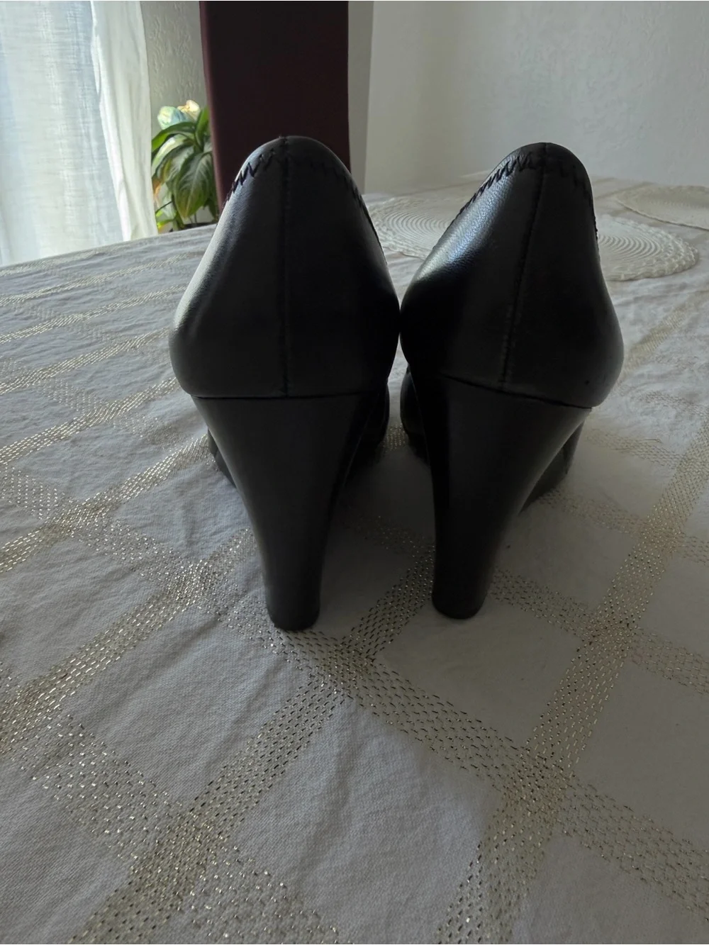 Tory Burch Black Wedge Pumps with Gold Logo Emblem
